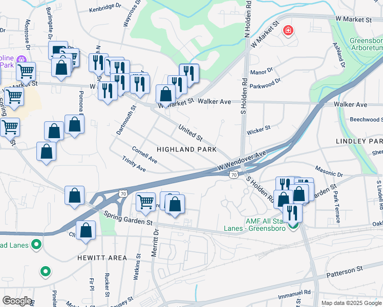 map of restaurants, bars, coffee shops, grocery stores, and more near 4227 Princeton Avenue in Greensboro