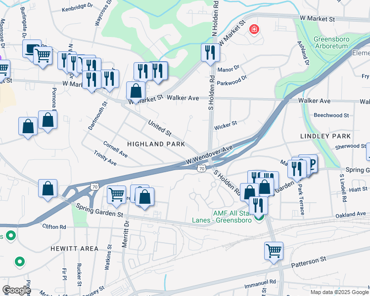 map of restaurants, bars, coffee shops, grocery stores, and more near 4219 United Street in Greensboro