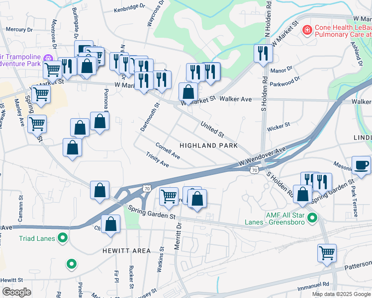 map of restaurants, bars, coffee shops, grocery stores, and more near 4311 Harvard Avenue in Greensboro