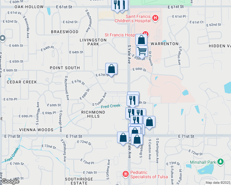 map of restaurants, bars, coffee shops, grocery stores, and more near 4860 East 68th Street in Tulsa