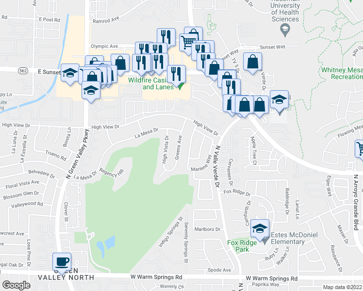 map of restaurants, bars, coffee shops, grocery stores, and more near 2416 Greens Avenue in Henderson