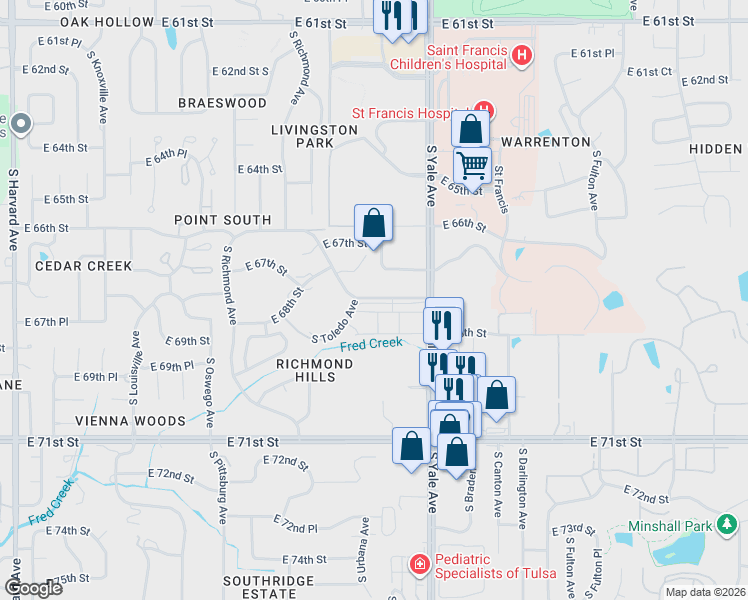 map of restaurants, bars, coffee shops, grocery stores, and more near 4740 East 68th Street in Tulsa
