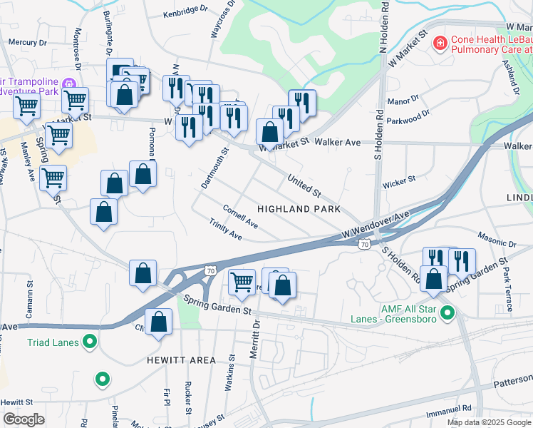 map of restaurants, bars, coffee shops, grocery stores, and more near 4311 Harvard Avenue in Greensboro