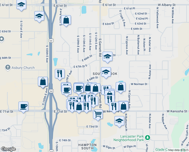 map of restaurants, bars, coffee shops, grocery stores, and more near 6738 South 112th East Avenue in Tulsa