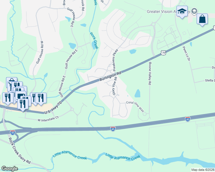 map of restaurants, bars, coffee shops, grocery stores, and more near 6331 Inkberry Drive in Whitsett