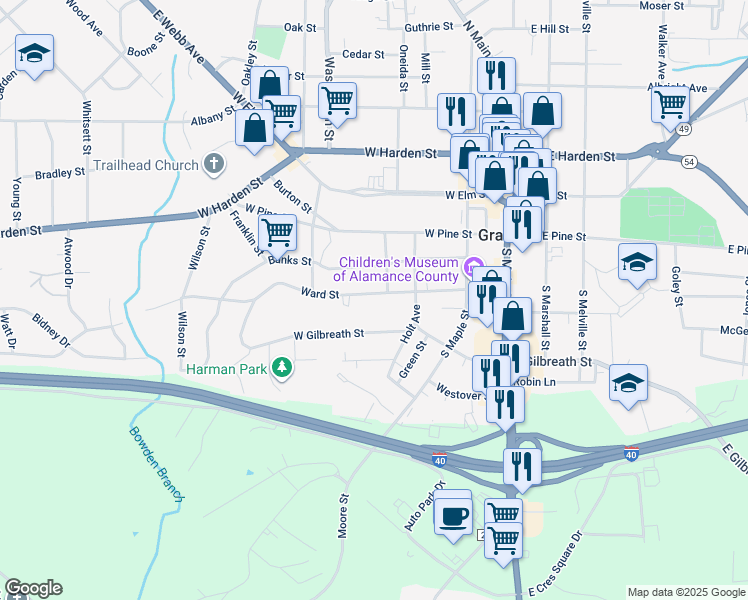 map of restaurants, bars, coffee shops, grocery stores, and more near 404 Ward Street in Graham