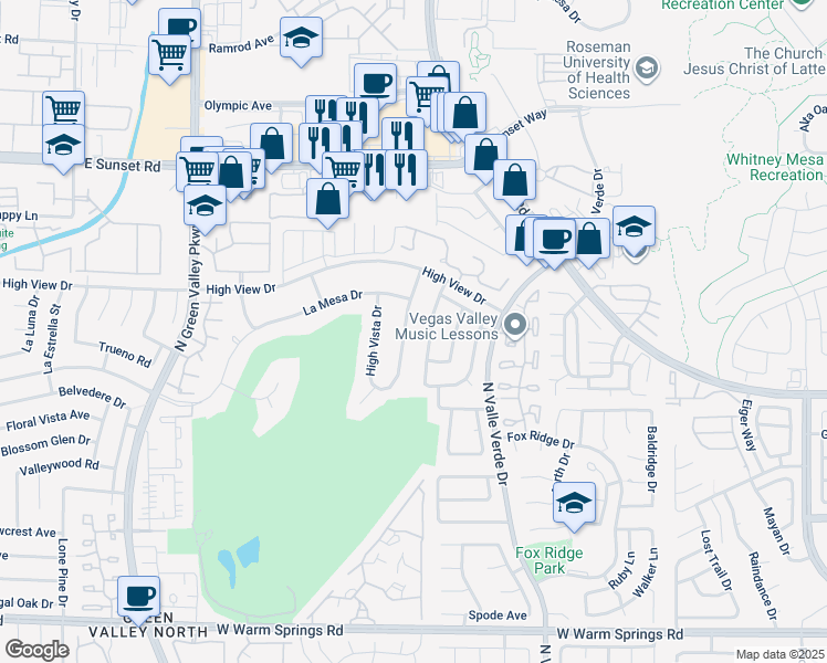 map of restaurants, bars, coffee shops, grocery stores, and more near 2416 Greens Avenue in Henderson
