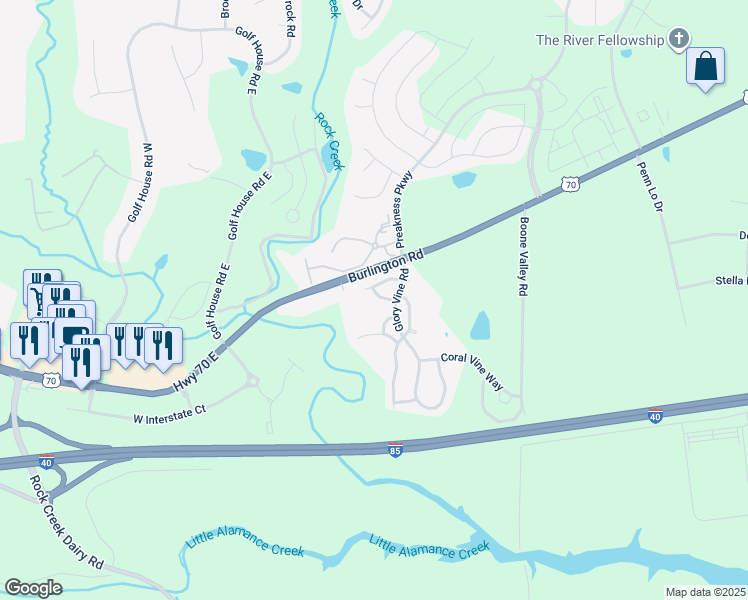 map of restaurants, bars, coffee shops, grocery stores, and more near 6312 Inkberry Drive in Whitsett