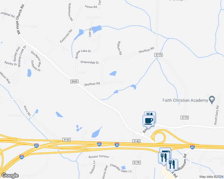 map of restaurants, bars, coffee shops, grocery stores, and more near 5310 Land Castle Lane in McLeansville