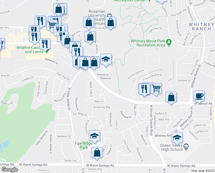 map of restaurants, bars, coffee shops, grocery stores, and more near 1801 Scimitar Drive in Henderson