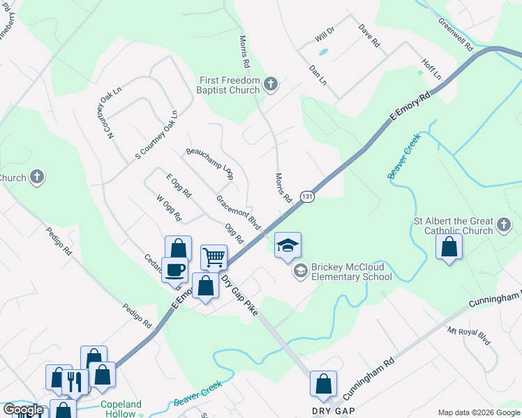 map of restaurants, bars, coffee shops, grocery stores, and more near 1723 East Emory Road in Knoxville
