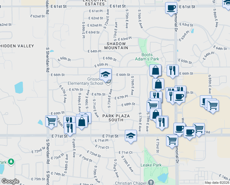 map of restaurants, bars, coffee shops, grocery stores, and more near 7315 East 66th Court in Tulsa