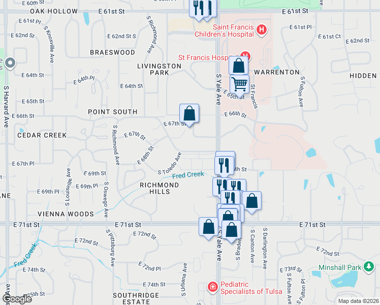 map of restaurants, bars, coffee shops, grocery stores, and more near 4604 East 68th Street in Tulsa