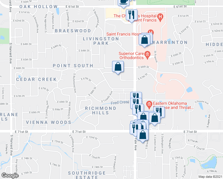map of restaurants, bars, coffee shops, grocery stores, and more near 4604 East 68th Street in Tulsa