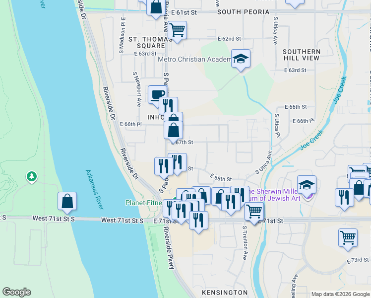 map of restaurants, bars, coffee shops, grocery stores, and more near 1326 East 67th Street in Tulsa
