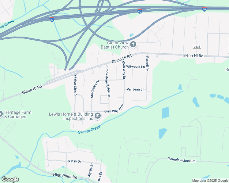 map of restaurants, bars, coffee shops, grocery stores, and more near 4168 Val Jean Lane in Winston-Salem