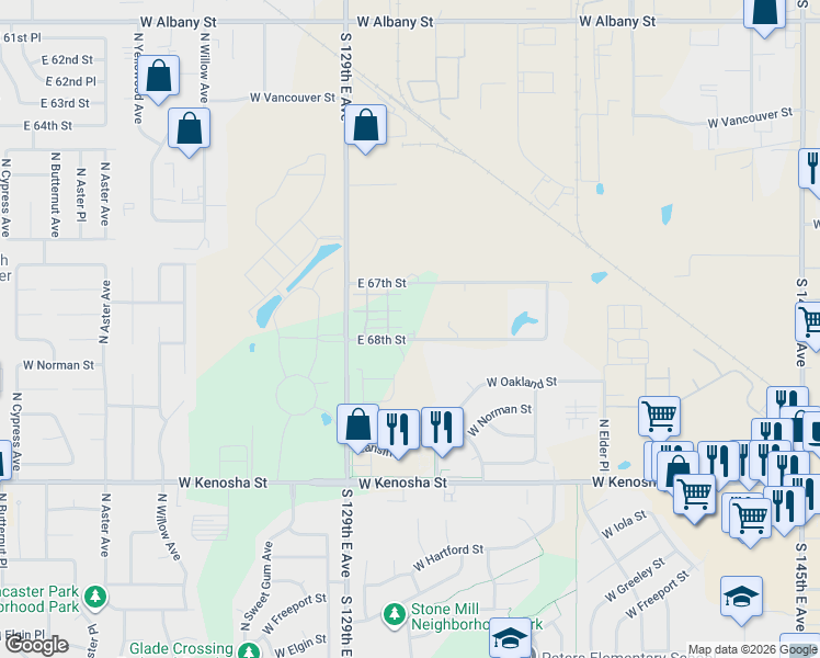 map of restaurants, bars, coffee shops, grocery stores, and more near 13181 East 68th Street in Broken Arrow