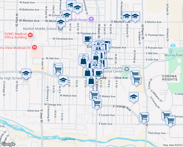 map of restaurants, bars, coffee shops, grocery stores, and more near 50 West Olive Avenue in Porterville