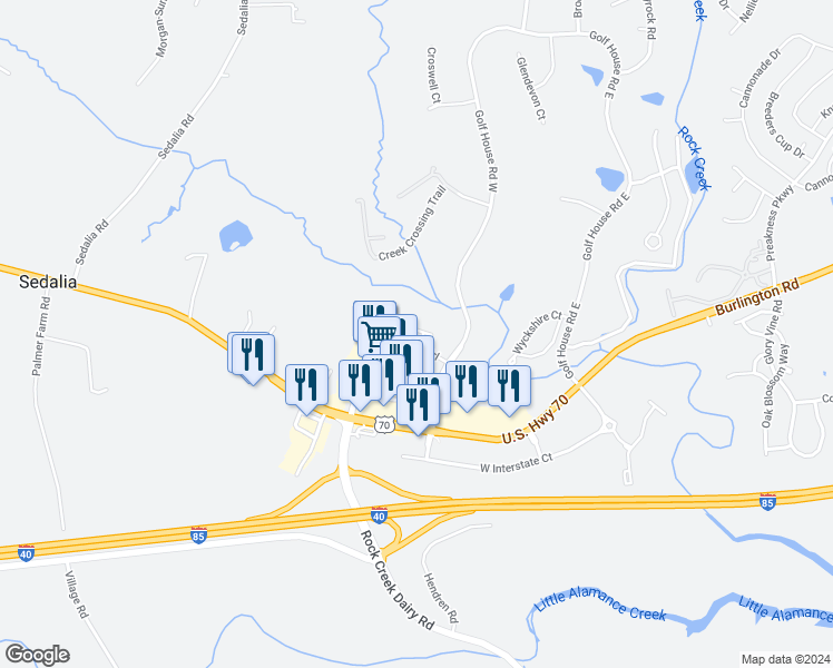 map of restaurants, bars, coffee shops, grocery stores, and more near 949 Pensford Drive in Whitsett
