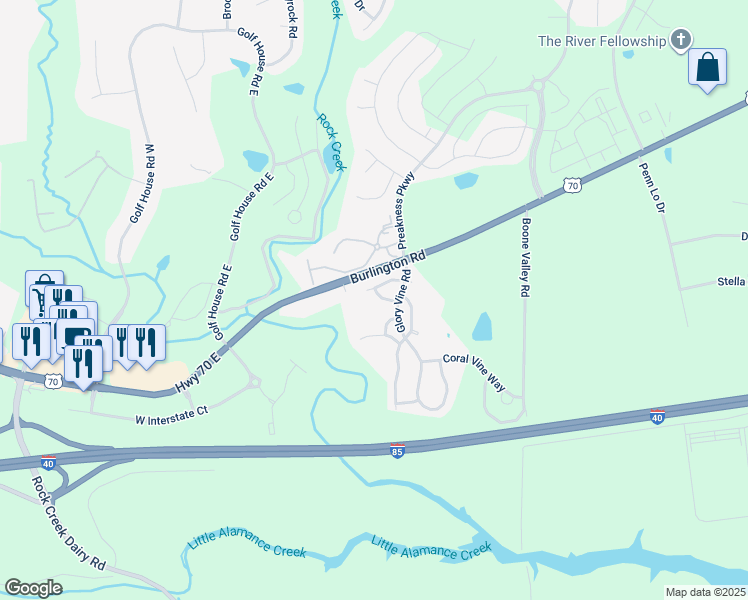 map of restaurants, bars, coffee shops, grocery stores, and more near 6310 Inkberry Drive in Whitsett