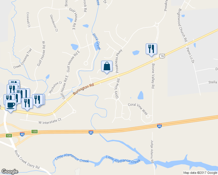 map of restaurants, bars, coffee shops, grocery stores, and more near 6310 Inkberry Drive in Whitsett