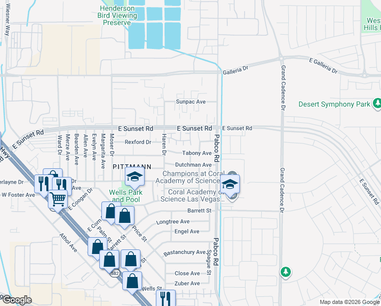 map of restaurants, bars, coffee shops, grocery stores, and more near Tabony Avenue in Henderson