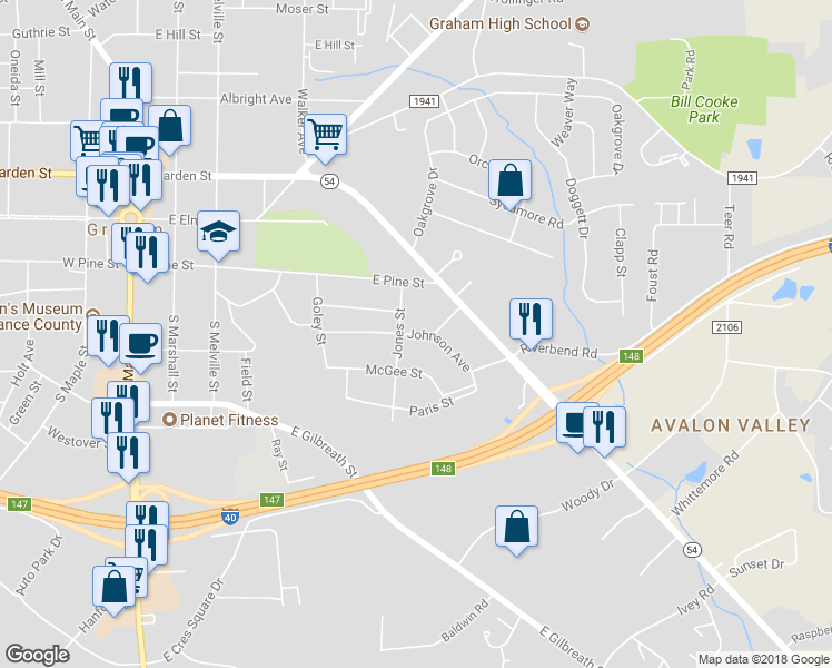 map of restaurants, bars, coffee shops, grocery stores, and more near 600 Johnson Avenue in Graham