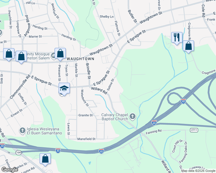 map of restaurants, bars, coffee shops, grocery stores, and more near 1712 Selma Street in Winston-Salem