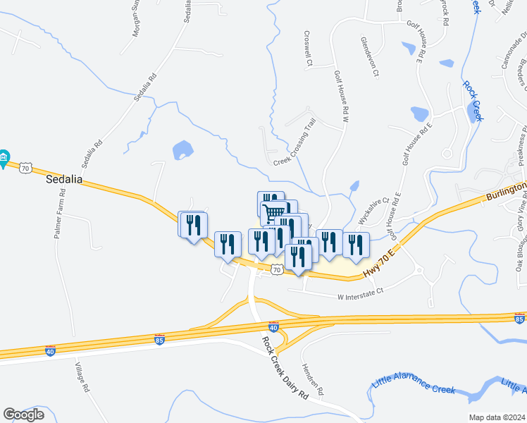map of restaurants, bars, coffee shops, grocery stores, and more near 6445 Bellcross Trail in Whitsett