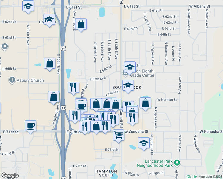 map of restaurants, bars, coffee shops, grocery stores, and more near 6726 South 111th East Avenue in Tulsa