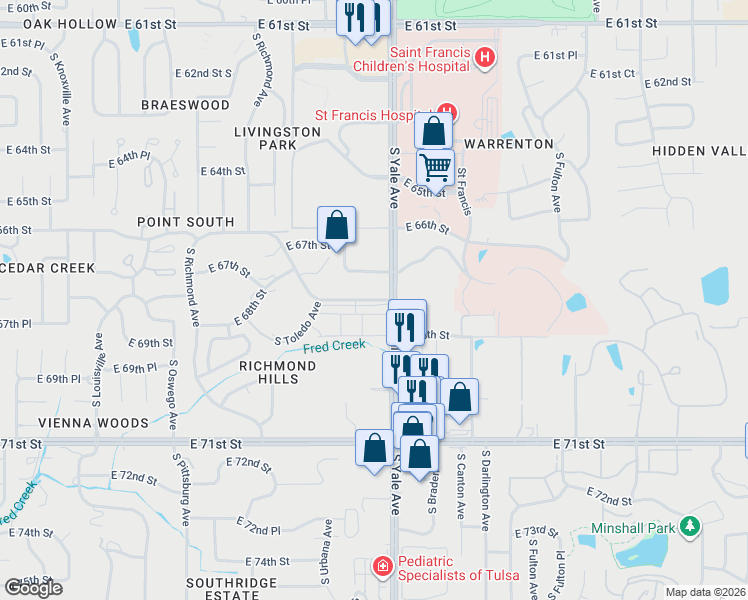 map of restaurants, bars, coffee shops, grocery stores, and more near 4600 East 67th Street in Tulsa