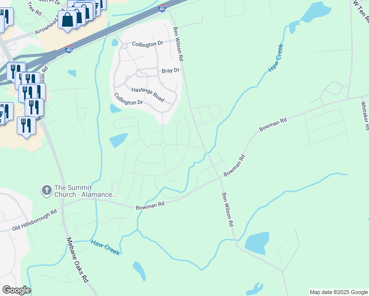 map of restaurants, bars, coffee shops, grocery stores, and more near 1002 Ben Wilson Road in Mebane