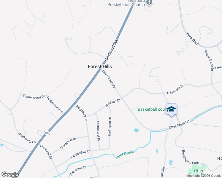 map of restaurants, bars, coffee shops, grocery stores, and more near 2001 Otter Creek Road in Forest Hills