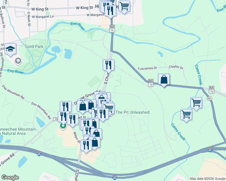 map of restaurants, bars, coffee shops, grocery stores, and more near 231 Orange Grove Street in Hillsborough