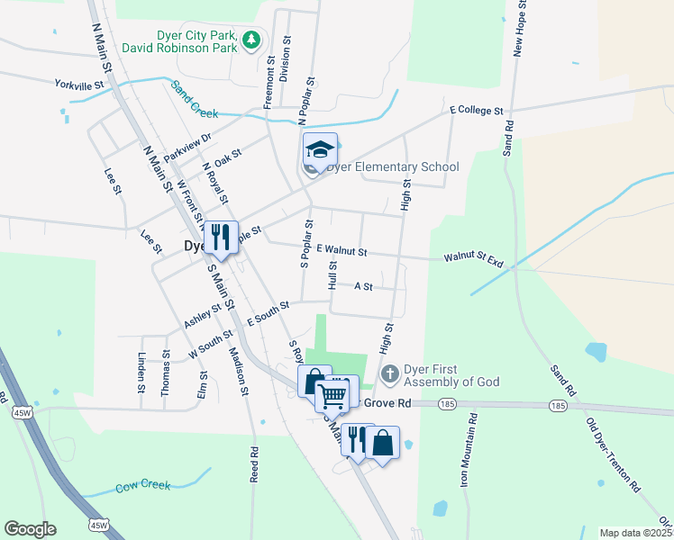 map of restaurants, bars, coffee shops, grocery stores, and more near 253 Hull Street in Dyer
