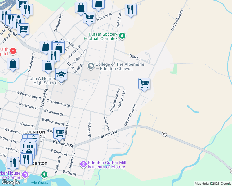 map of restaurants, bars, coffee shops, grocery stores, and more near 104 Belvedere Lane in Edenton