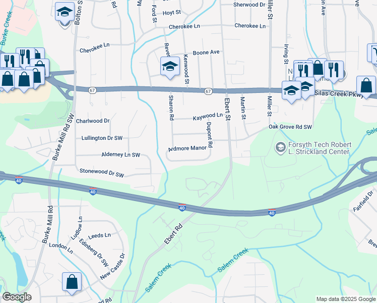 map of restaurants, bars, coffee shops, grocery stores, and more near 2416 Ardmore Manor in Winston-Salem