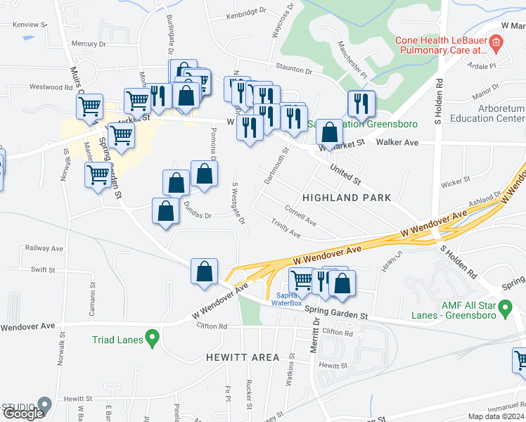 map of restaurants, bars, coffee shops, grocery stores, and more near 4416 Trinity Avenue in Greensboro