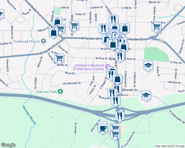 map of restaurants, bars, coffee shops, grocery stores, and more near 300 Ward Street in Graham