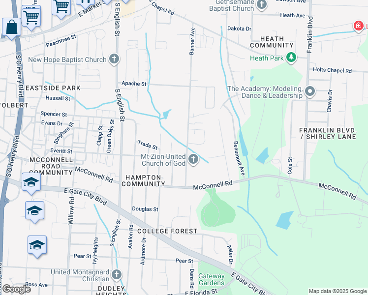 map of restaurants, bars, coffee shops, grocery stores, and more near 602 Banner Avenue in Greensboro