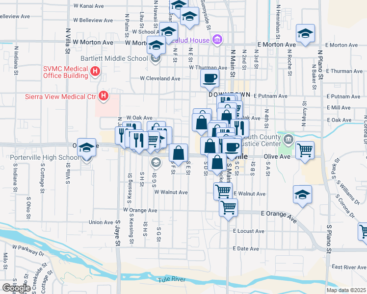 map of restaurants, bars, coffee shops, grocery stores, and more near 25 North E Street in Porterville