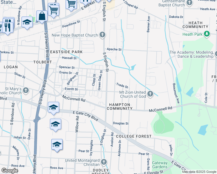 map of restaurants, bars, coffee shops, grocery stores, and more near 915 South English Street in Greensboro