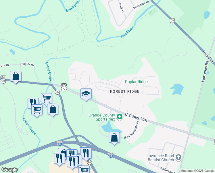 map of restaurants, bars, coffee shops, grocery stores, and more near 1126 Quincy Cottage Road in Hillsborough
