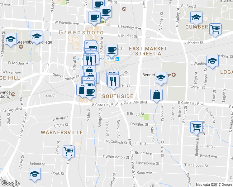 map of restaurants, bars, coffee shops, grocery stores, and more near in Greensboro