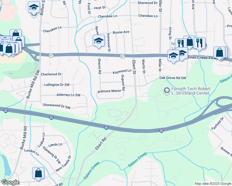 map of restaurants, bars, coffee shops, grocery stores, and more near 2408 Ardmore Manor in Winston-Salem