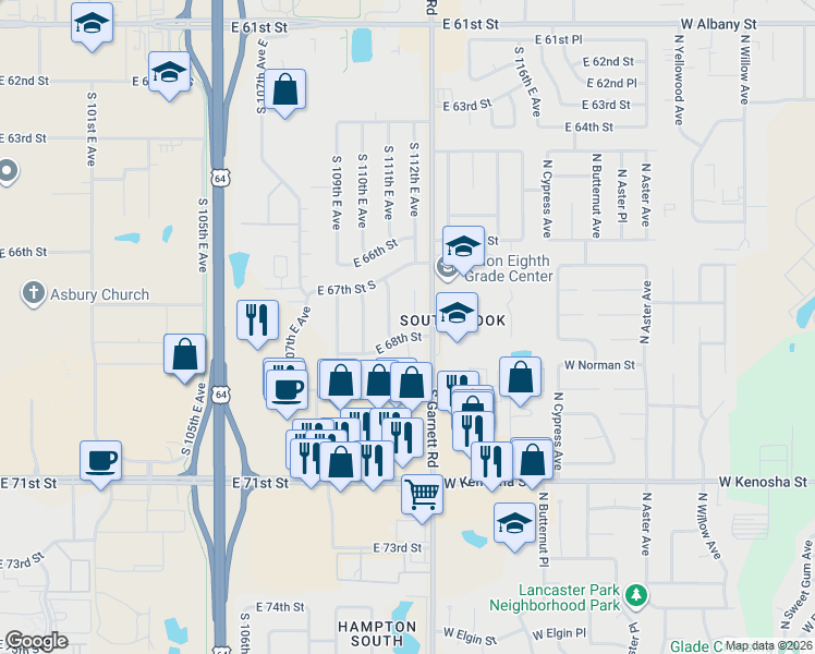 map of restaurants, bars, coffee shops, grocery stores, and more near 6731 South 112th East Avenue in Tulsa