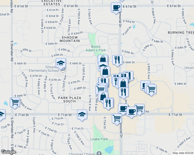 map of restaurants, bars, coffee shops, grocery stores, and more near 6718 South 78th East Avenue in Tulsa