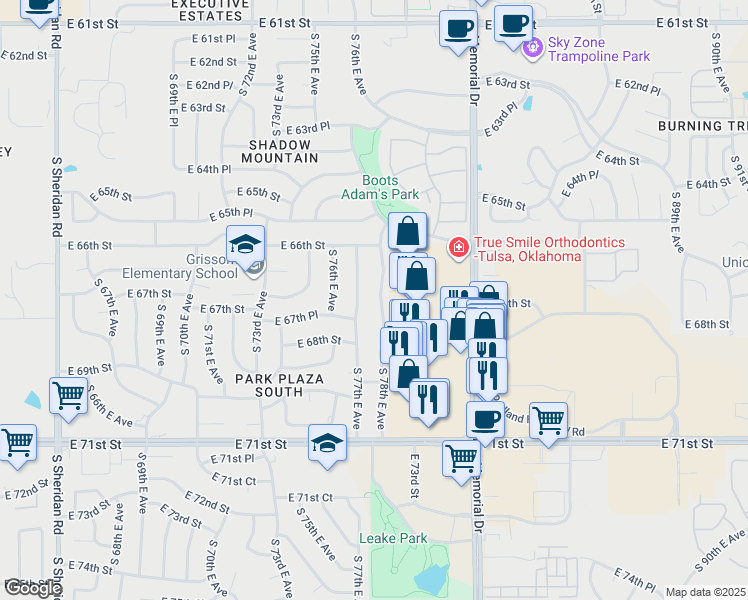 map of restaurants, bars, coffee shops, grocery stores, and more near 6718 South 78th East Avenue in Tulsa