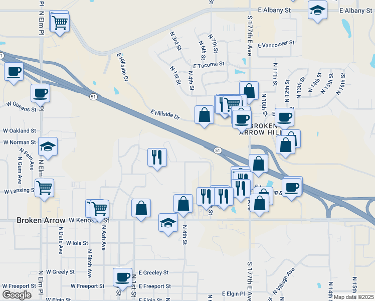 map of restaurants, bars, coffee shops, grocery stores, and more near 512 East Madison Street North in Broken Arrow