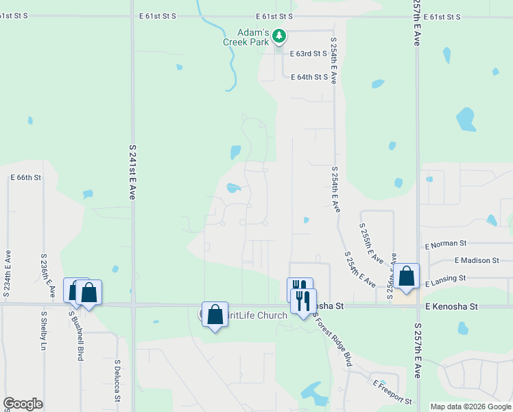 map of restaurants, bars, coffee shops, grocery stores, and more near South 249th East Avenue in Broken Arrow